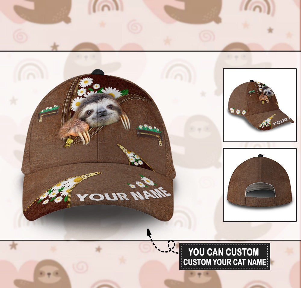 Personalized Sloth Leather Daisy Flower Hat Classic Cap Trucker Hats Custom Hats Gifts For Men & Women