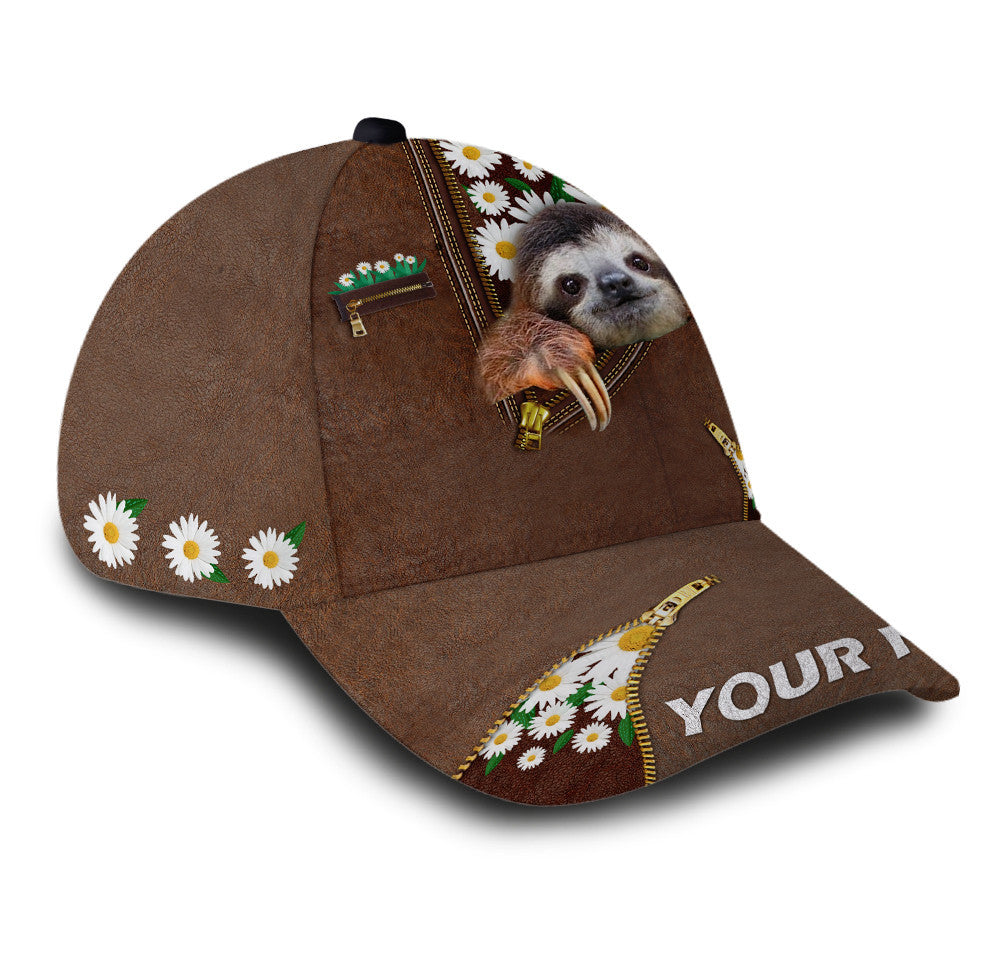 Personalized Sloth Leather Daisy Flower Hat Classic Cap Trucker Hats Custom Hats Gifts For Men & Women