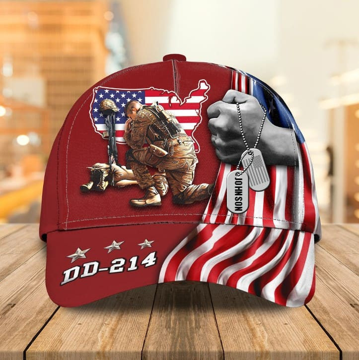 Personalized Soldier Knees Under American Flag Classic Cap for Veteran, Custom Camo Veteran hat for Husband, Dad Trucker Hats Custom Hats Gifts For Men & Women