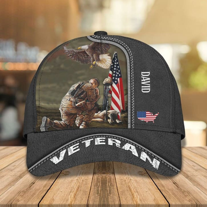 Personalized Soldier Knees Under American Flag Classic Cap for Veteran, Custom Camo Veteran hat for Husband, Dad Trucker Hats Custom Hats Gifts For Men & Women