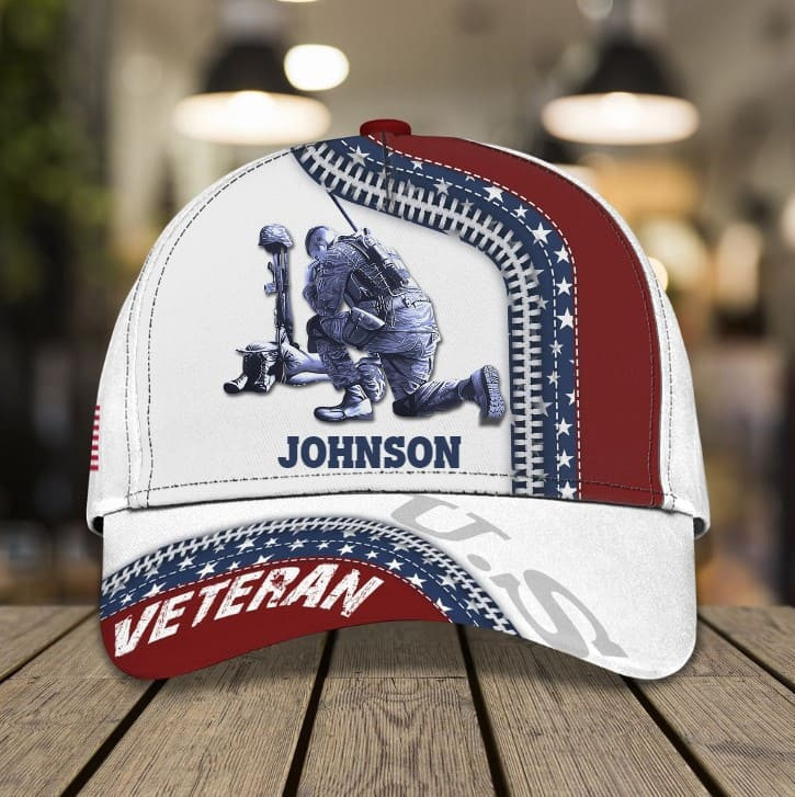 Personalized Soldier Knees Under American Flag Classic Cap for Veteran, Custom Camo Veteran hat for Husband, Dad Trucker Hats Custom Hats Gifts For Men & Women