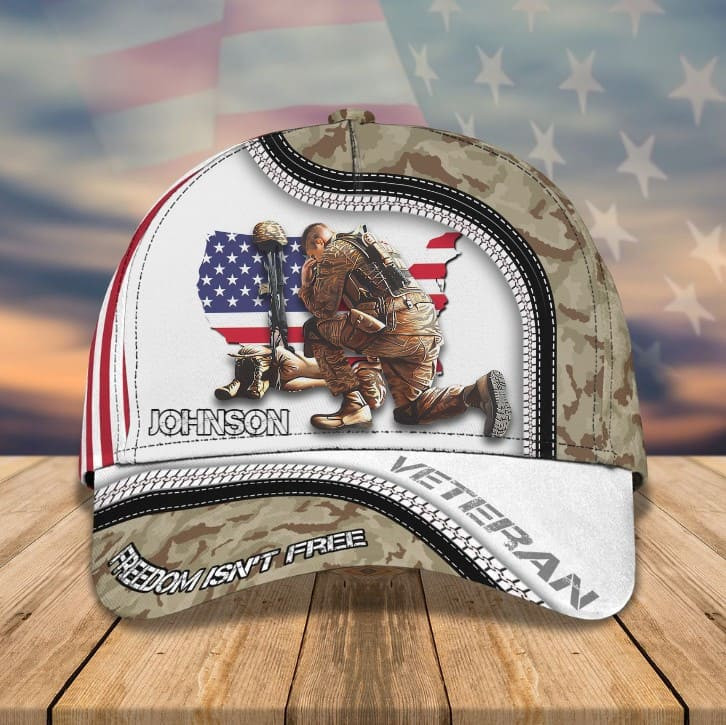 Personalized Soldier Knees Under American Flag Classic Cap for Veteran, Custom Camo Veteran hat for Husband, Dad Trucker Hats Custom Hats Gifts For Men & Women
