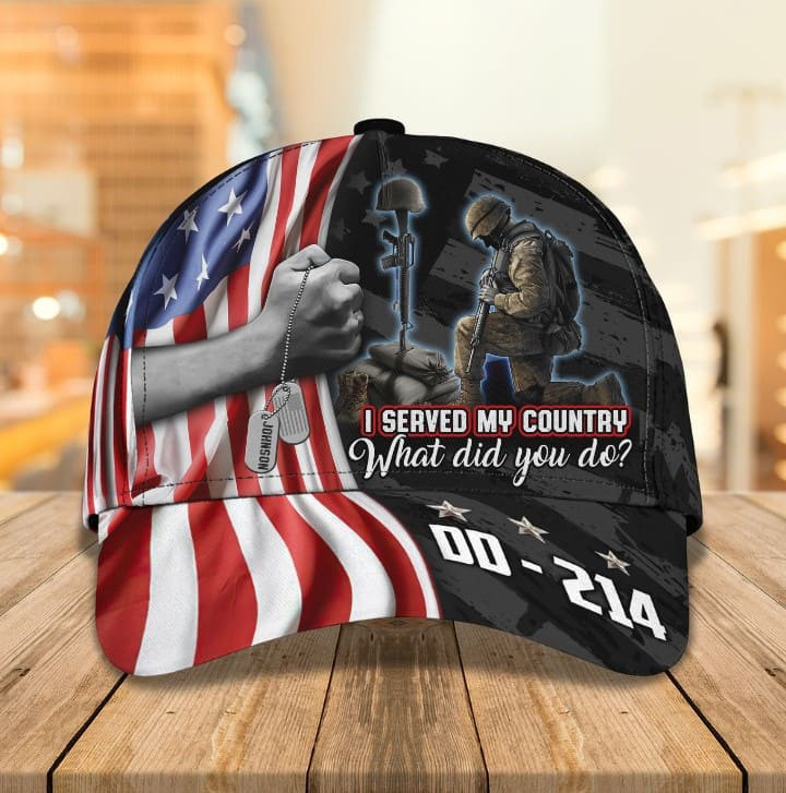 Personalized Soldier Knees Under American Flag Classic Cap for Veteran, Custom Camo Veteran hat for Husband, Dad Trucker Hats Custom Hats Gifts For Men & Women