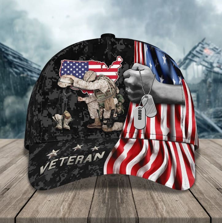 Personalized Soldier Knees Under American Flag Classic Cap for Veteran, Custom Camo Veteran hat for Husband, Dad Trucker Hats Custom Hats Gifts For Men & Women