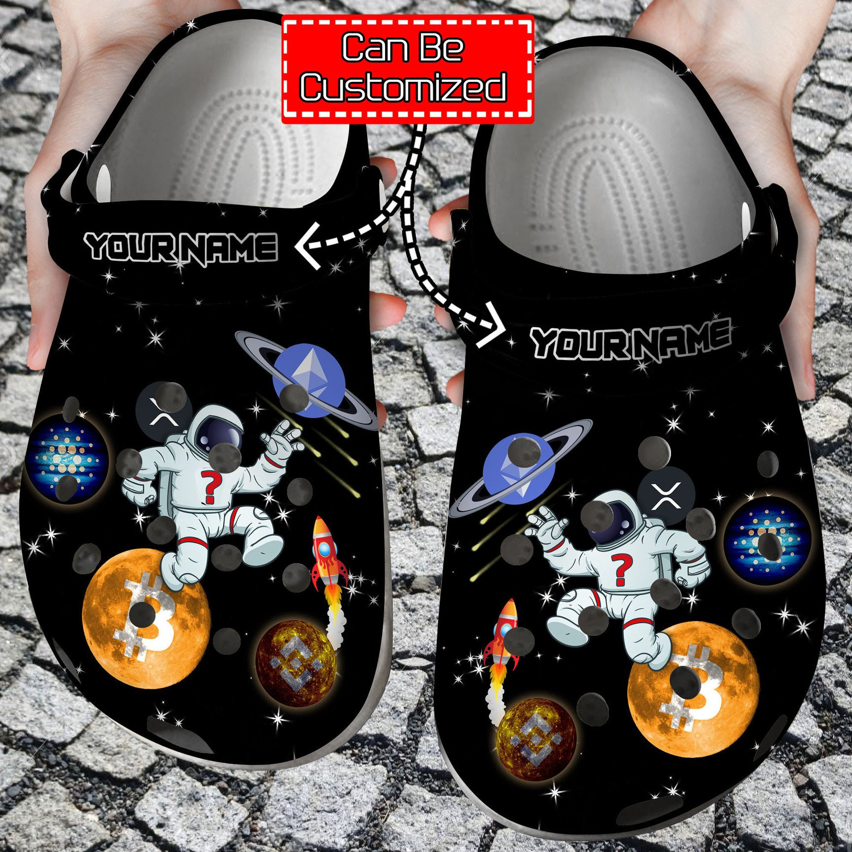Personalized Spaceman Jumping Between Crypto Coins clog Shoes Crypto