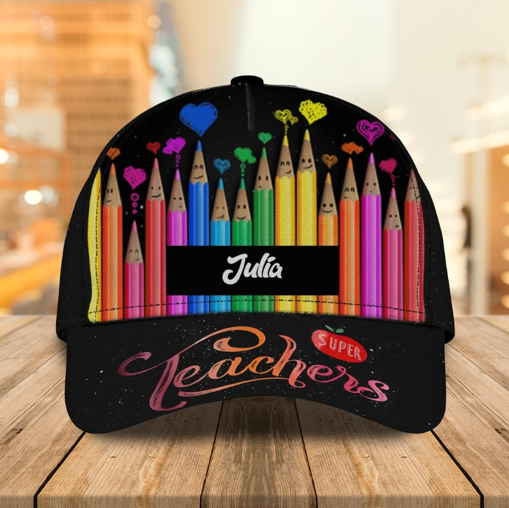 Personalized Teacher Pencil Art 3d Classic Cap for Teacher, Hat for Her, Teacher's Birthday Gift Trucker Hats Custom Hats Gifts For Men & Women