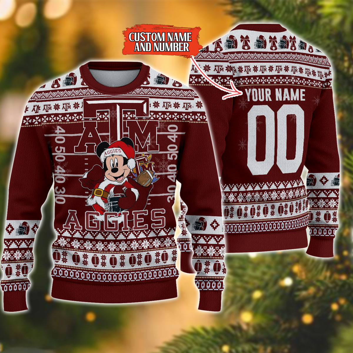 Personalized Texas AM Aggies Mickey Ugly Christmas Sweater Adult 3D Funny Matching for family