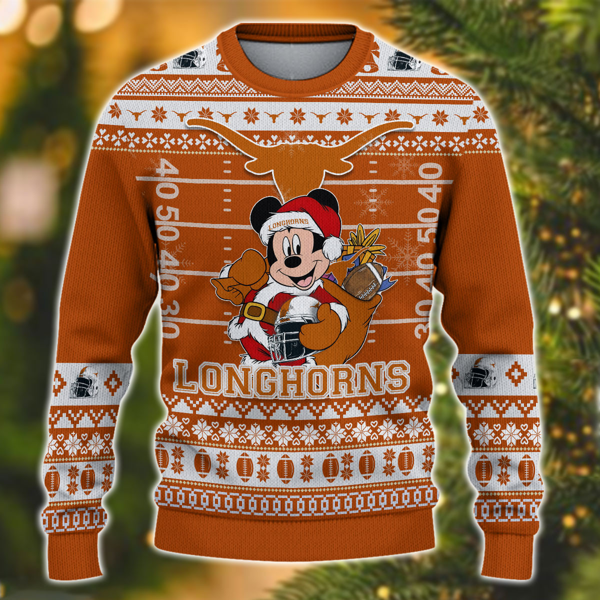 Personalized Texas Longhorns Mickey Ugly Christmas Sweater Adult 3D Funny Matching for family - Image 2