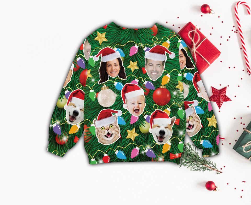 Personalized Ugly Christmas Sweater, Custom Face Family And Pet Christmas Lights Sweater