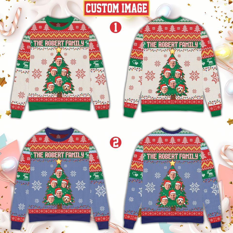 Personalized Ugly Christmas Sweater, Custom Face Family And Pet Christmas Tree Sweater - Image 2