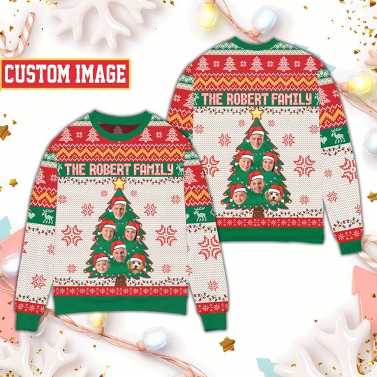 Personalized Ugly Christmas Sweater, Custom Face Family And Pet Christmas Tree Sweater - Image 7