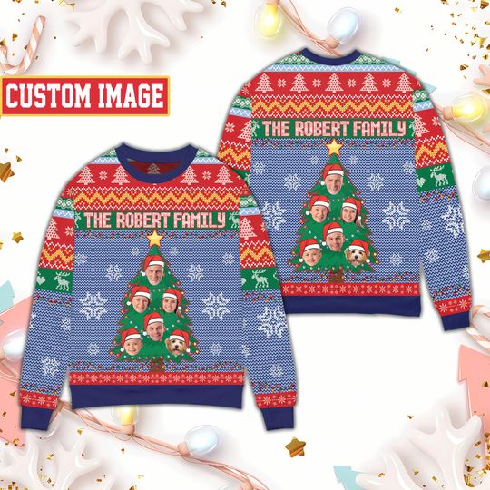 Personalized Ugly Christmas Sweater, Custom Face Family And Pet Christmas Tree Sweater - Image 8
