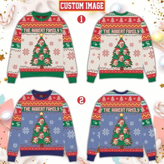 Personalized Ugly Christmas Sweater, Custom Face Family And Pet Christmas Tree Sweater - Image 5