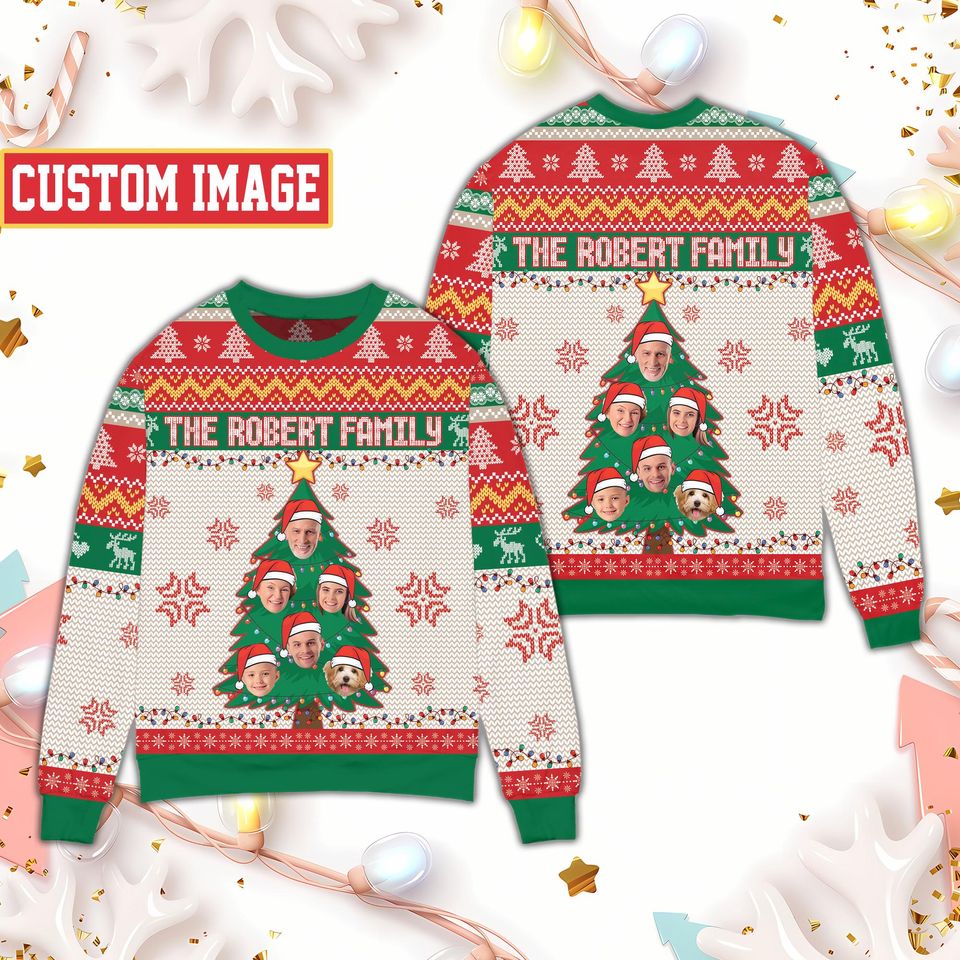 Personalized Ugly Christmas Sweater, Custom Face Family And Pet Christmas Tree Sweater - Image 3