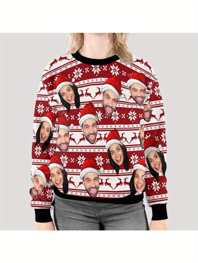 Personalized Ugly Christmas Sweater with Face Print, Snowflake & Reindeer Patterns - Image 7