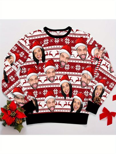 Personalized Ugly Christmas Sweater with Face Print, Snowflake & Reindeer Patterns - Image 8