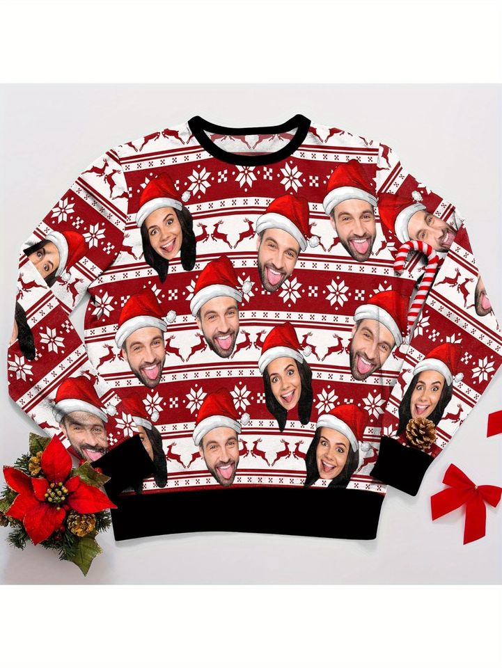 Personalized Ugly Christmas Sweater with Face Print, Snowflake & Reindeer Patterns - Image 4