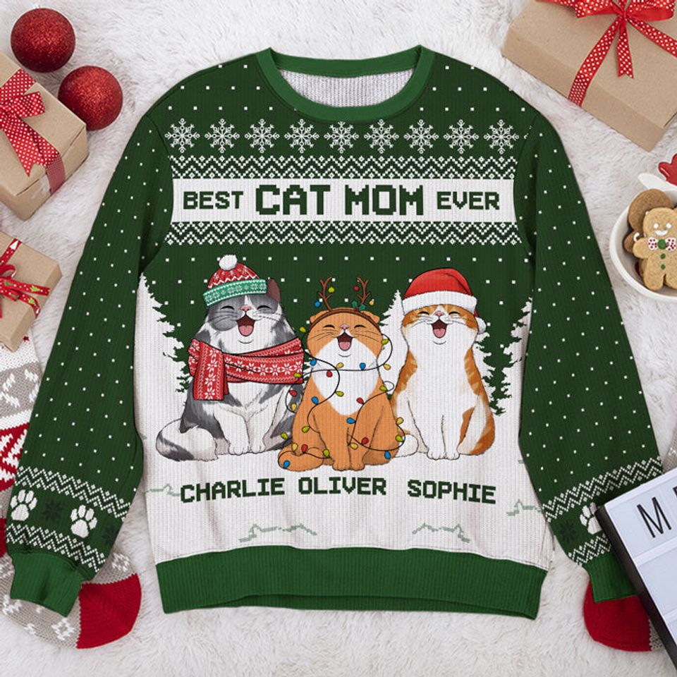 Personalized Ugly Christmas Sweatshirt for Cat Moms and Dads