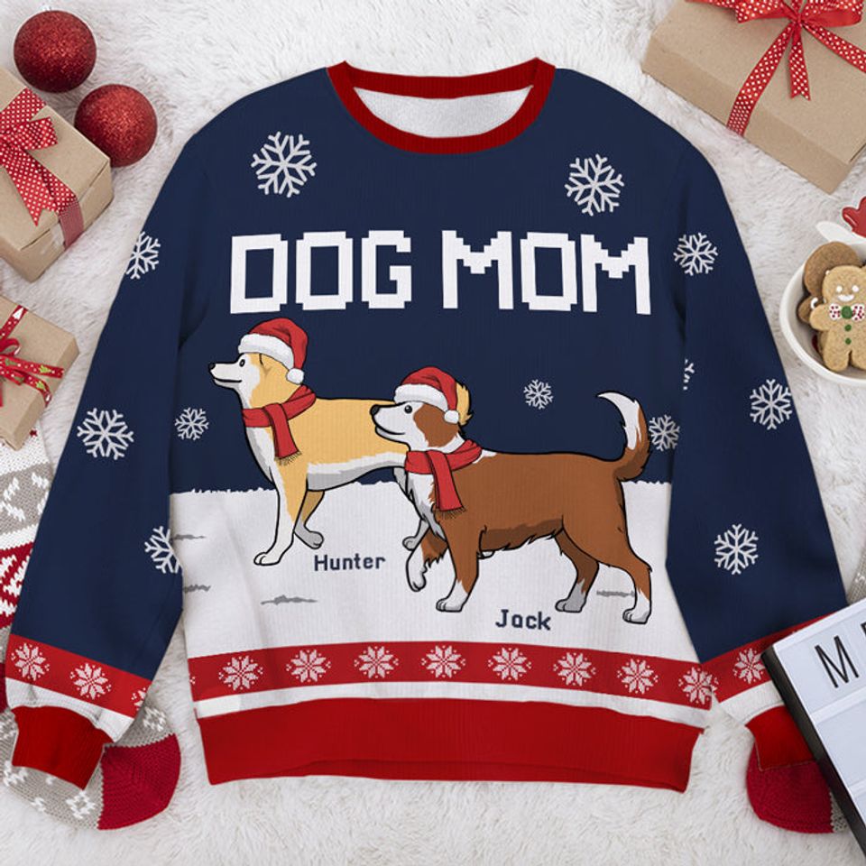 Personalized Ugly Christmas Sweatshirt with Pugs and Kisses