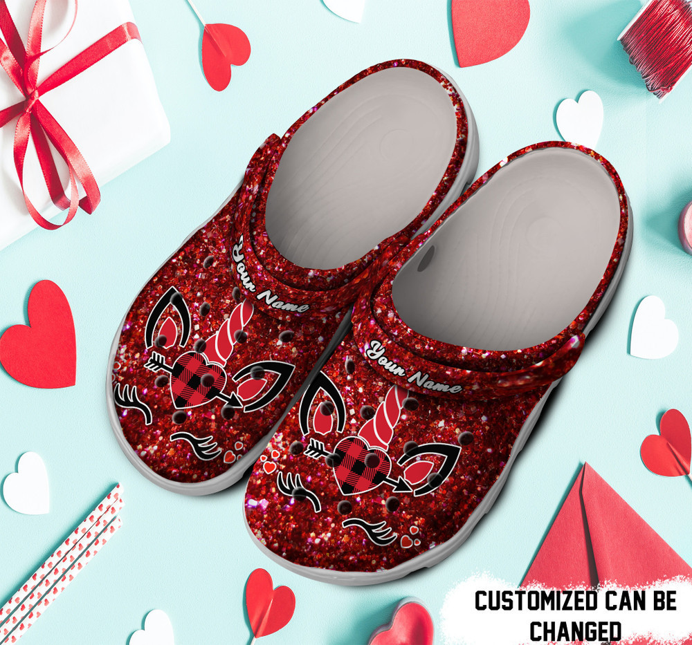Personalized Unicorn Heart Valentine Glitter clog Shoes For Men And Women