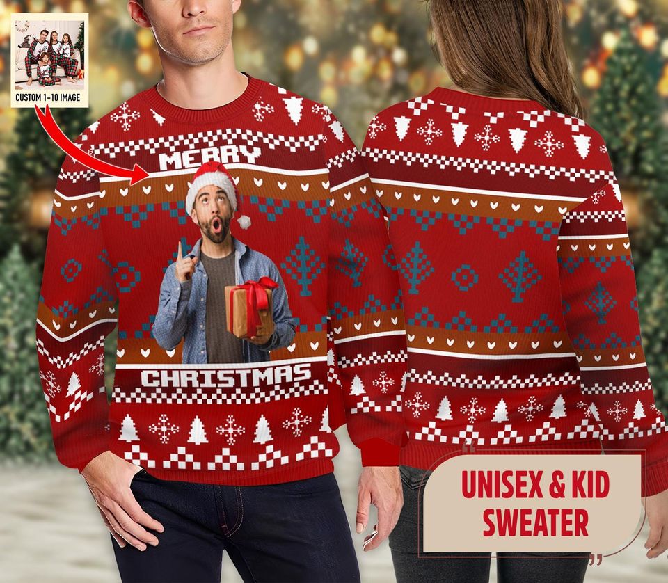 Personalized Upload Photo Ugly Christmas  Sweater, Custom Family Christmas Ugly Sweatshirt