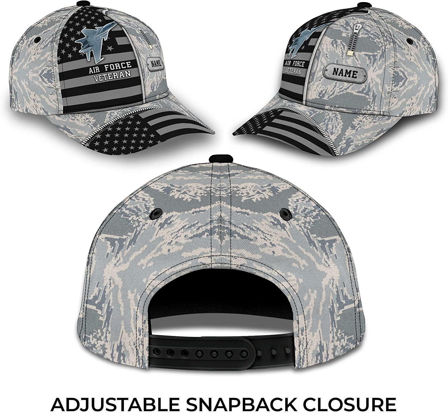 Personalized US Air Force Veteran Snapback Closure 3D Print Cap, Camouflage Pattern 3D Classic Cap for Men Women, Veteran Day Gift Trucker Hats Custom Hats Gifts For Men & Women