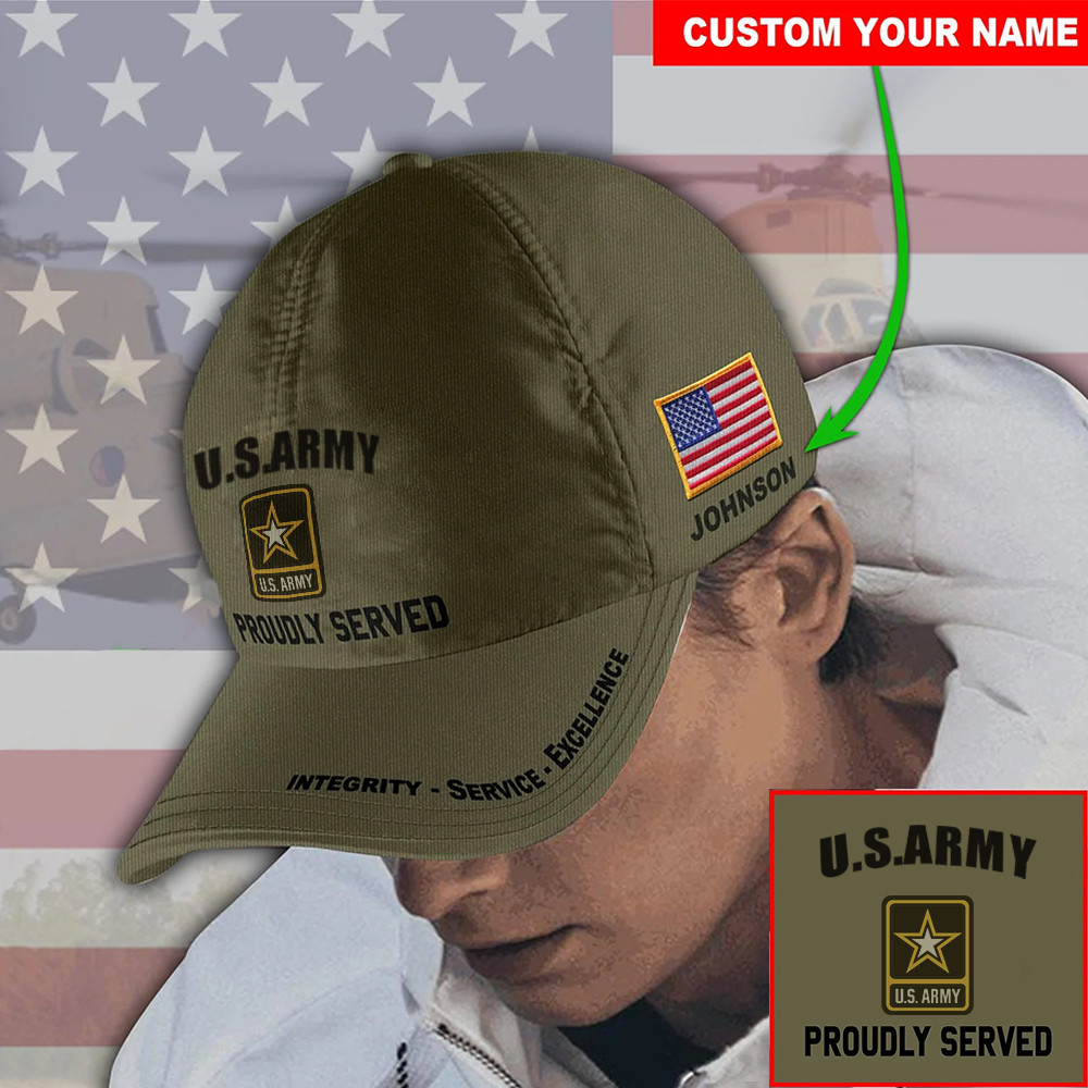 Personalized US Army Proudly Served Hat Integrity Service Excellence Military Pride Hats Gift Trucker Hats Custom Hats Gifts For Men & Women
