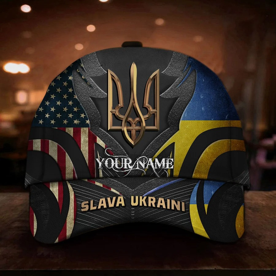 Personalized USA Stands With Ukraine Slava Ukraini Hat American Ukraine Flag Merch Trucker Hats Custom Hats Gifts For Men & Women