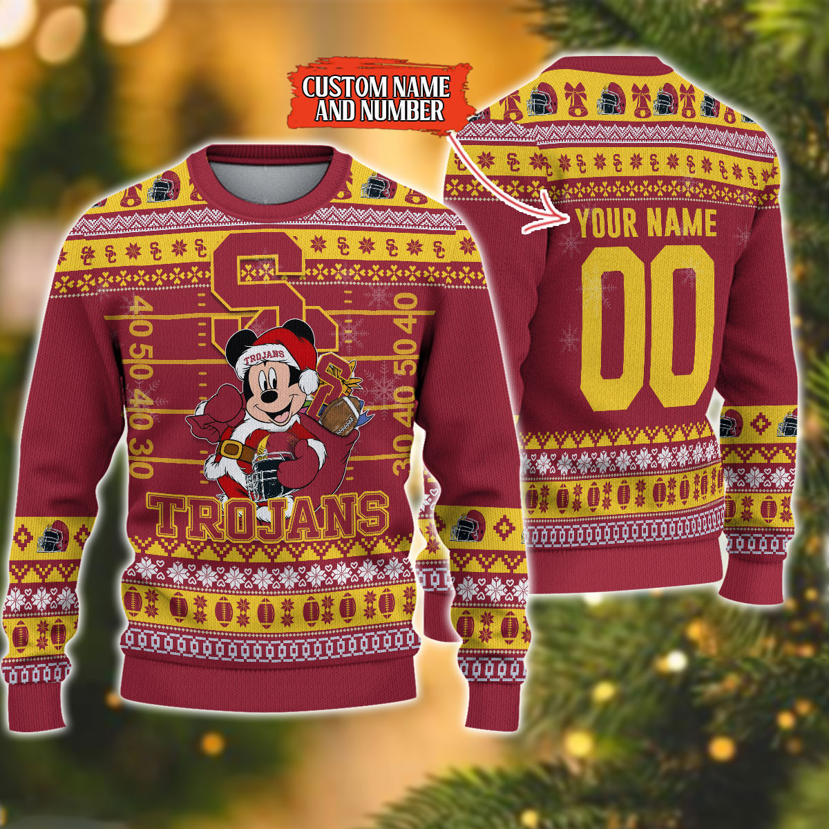Personalized USC Trojans Mickey Ugly Christmas Sweater Adult 3D Funny Matching for family