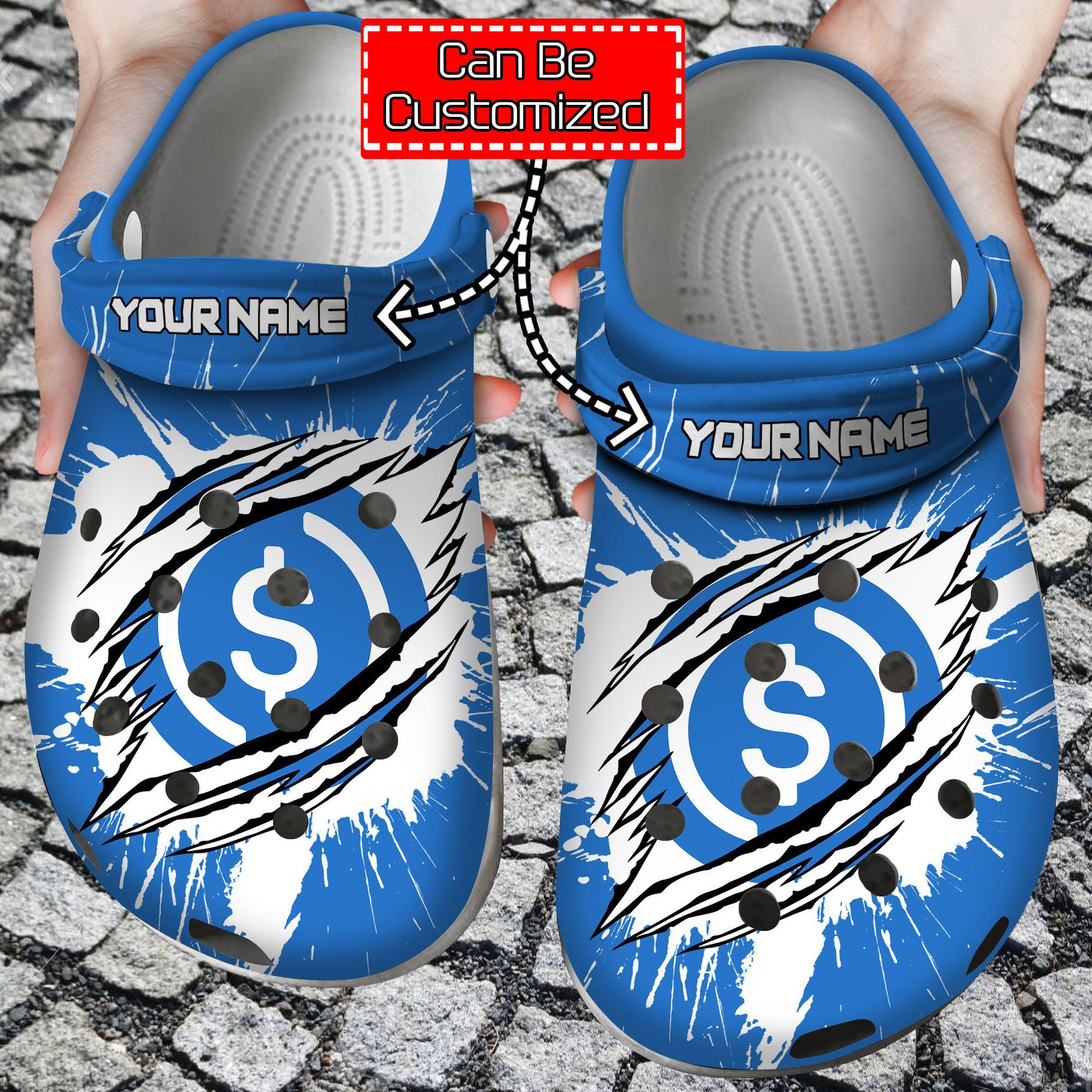 Personalized USDC Coin Ripped Through clog Shoes Crypto