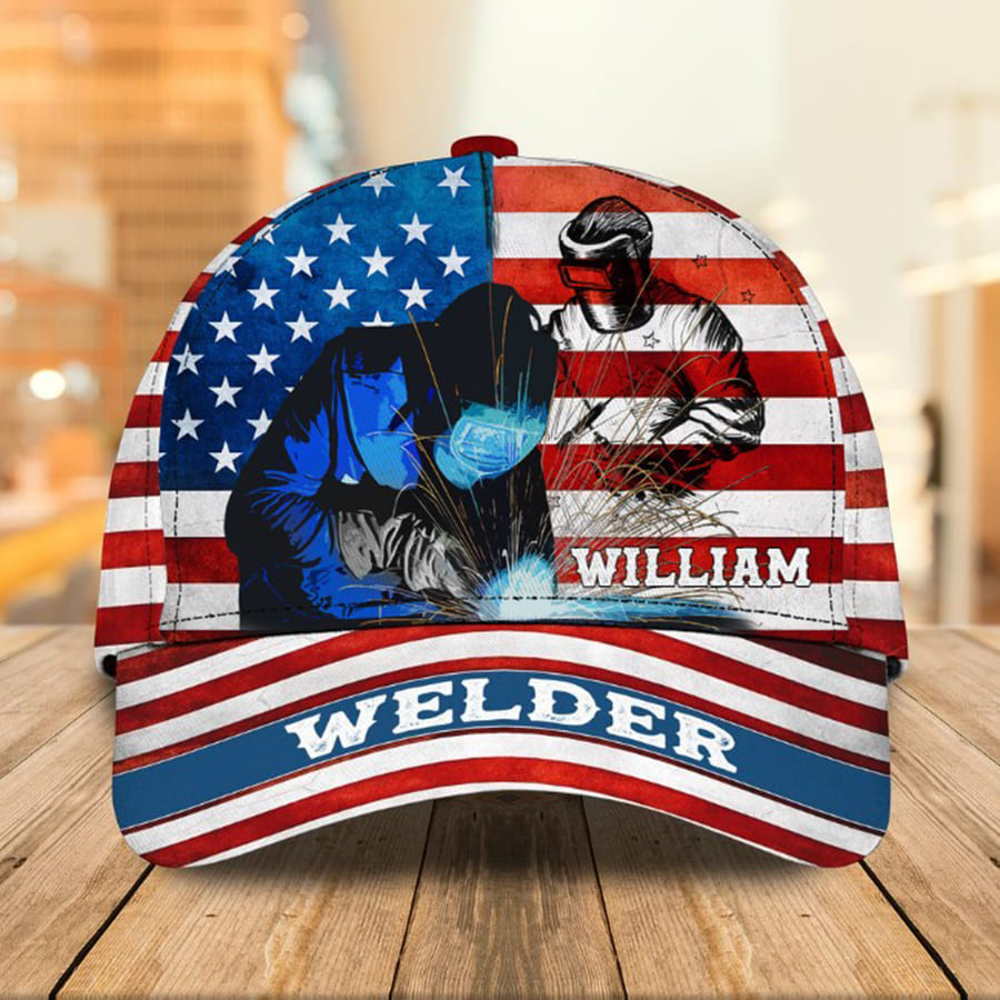 Personalized Welder 3D Baseball Cap for Dad, American Flag Welder Hat for Him Trucker Hats Custom Hats Gifts For Men & Women