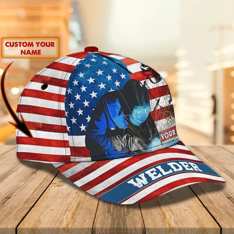 Personalized Welder 3D Baseball Cap for Dad, American Flag Welder Hat for Him Trucker Hats Custom Hats Gifts For Men & Women
