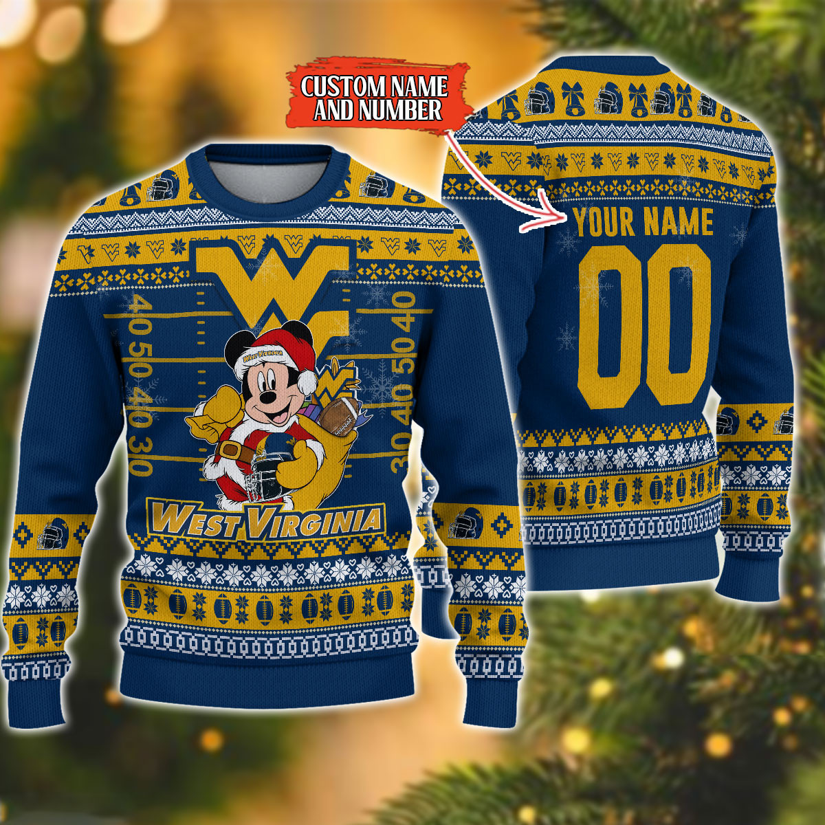 Personalized West Virginia Mountaineers Mickey Ugly Christmas Sweater Adult 3D Funny Matching for family