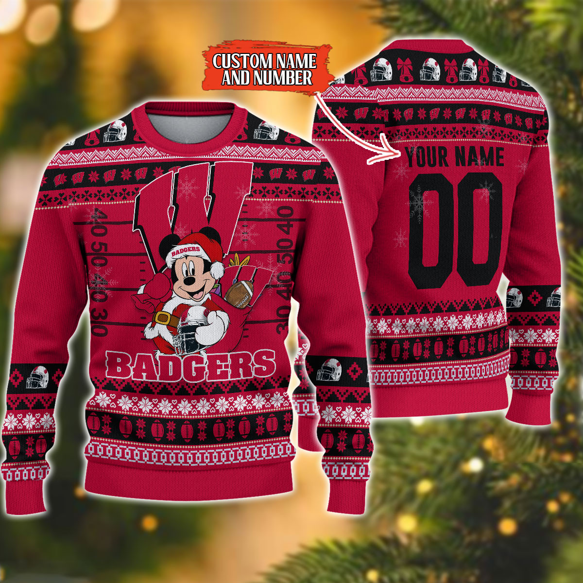 Personalized Wisconsin Badgers Mickey Ugly Christmas Sweater Adult 3D Funny Matching for family