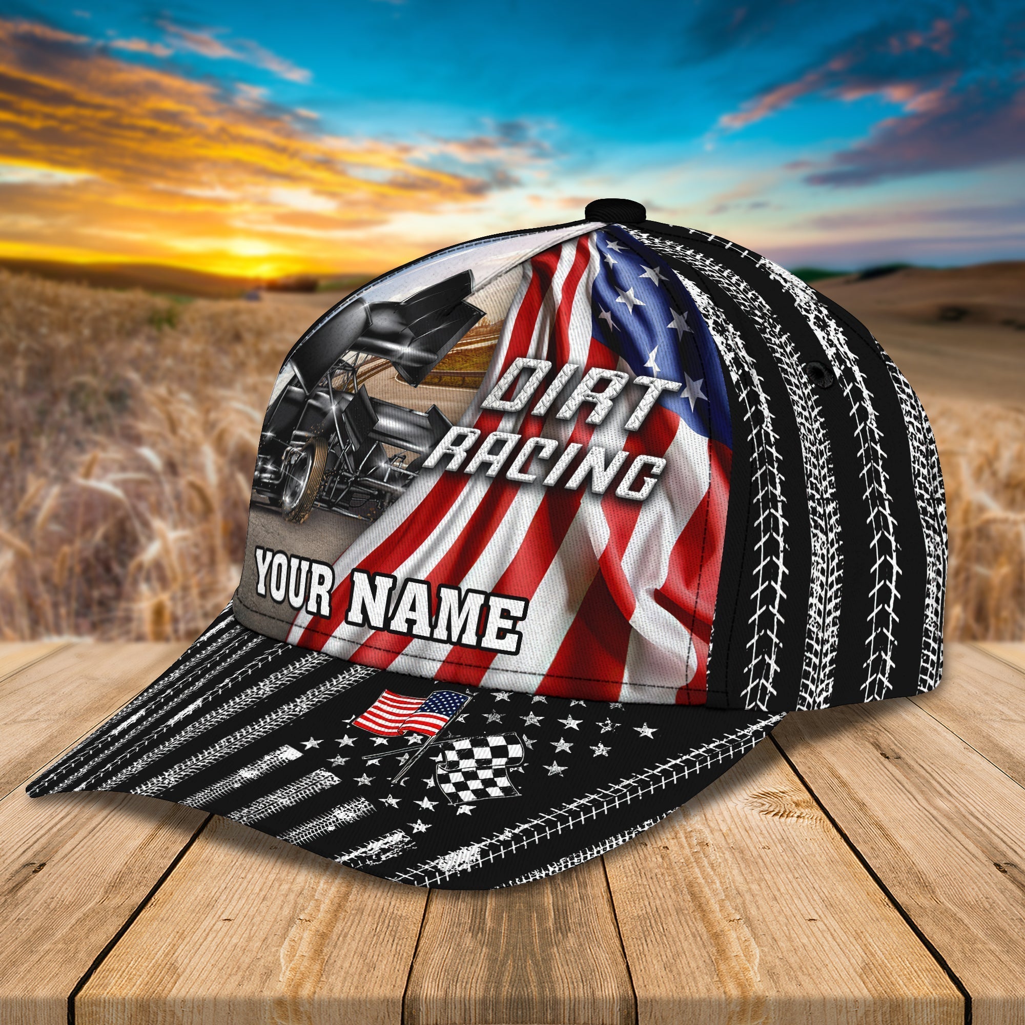 Personalized With Name Dirt Racing 3D Classic Cap Hat, Racing In Usa Flag Baseball Cap Hat Trucker Hats Custom Hats Gifts For Men & Women