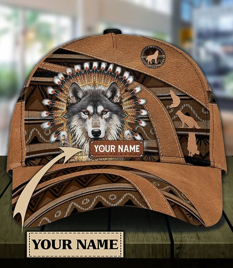 Personalized Wolf Native American Classic Cap for Men, Women, Custom Name Wolf Lovers Hats Trucker Hats Custom Hats Gifts For Men & Women