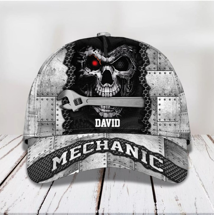 Personalized Wrench Mechanic Hats for Me, Husband, Leather Pattern Mechanic Vintage Cap for Dad Trucker Hats Custom Hats Gifts For Men & Women