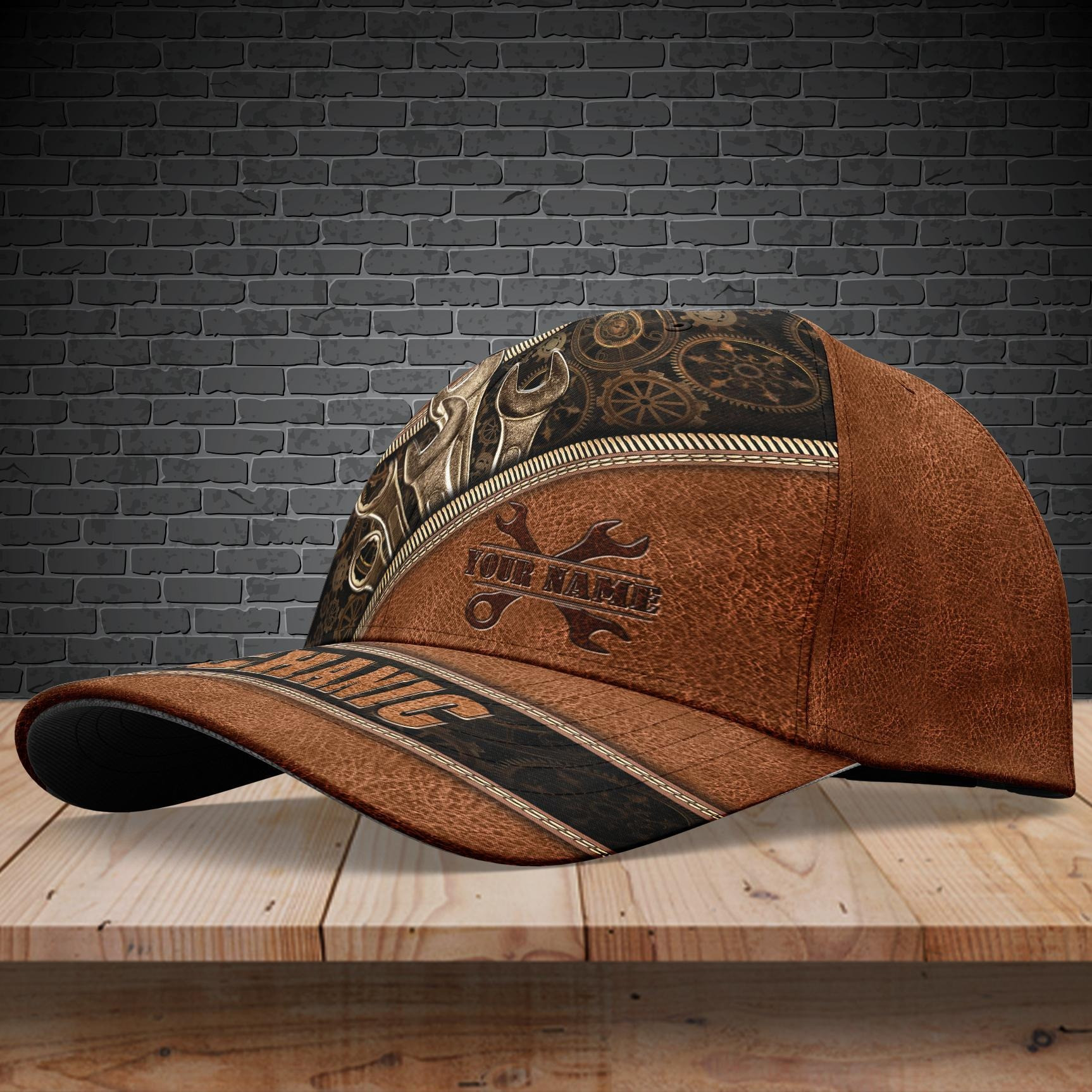 Personalized Wrench Mechanic Hats for Me, Husband, Leather Pattern Mechanic Vintage Cap for Dad Trucker Hats Custom Hats Gifts For Men & Women