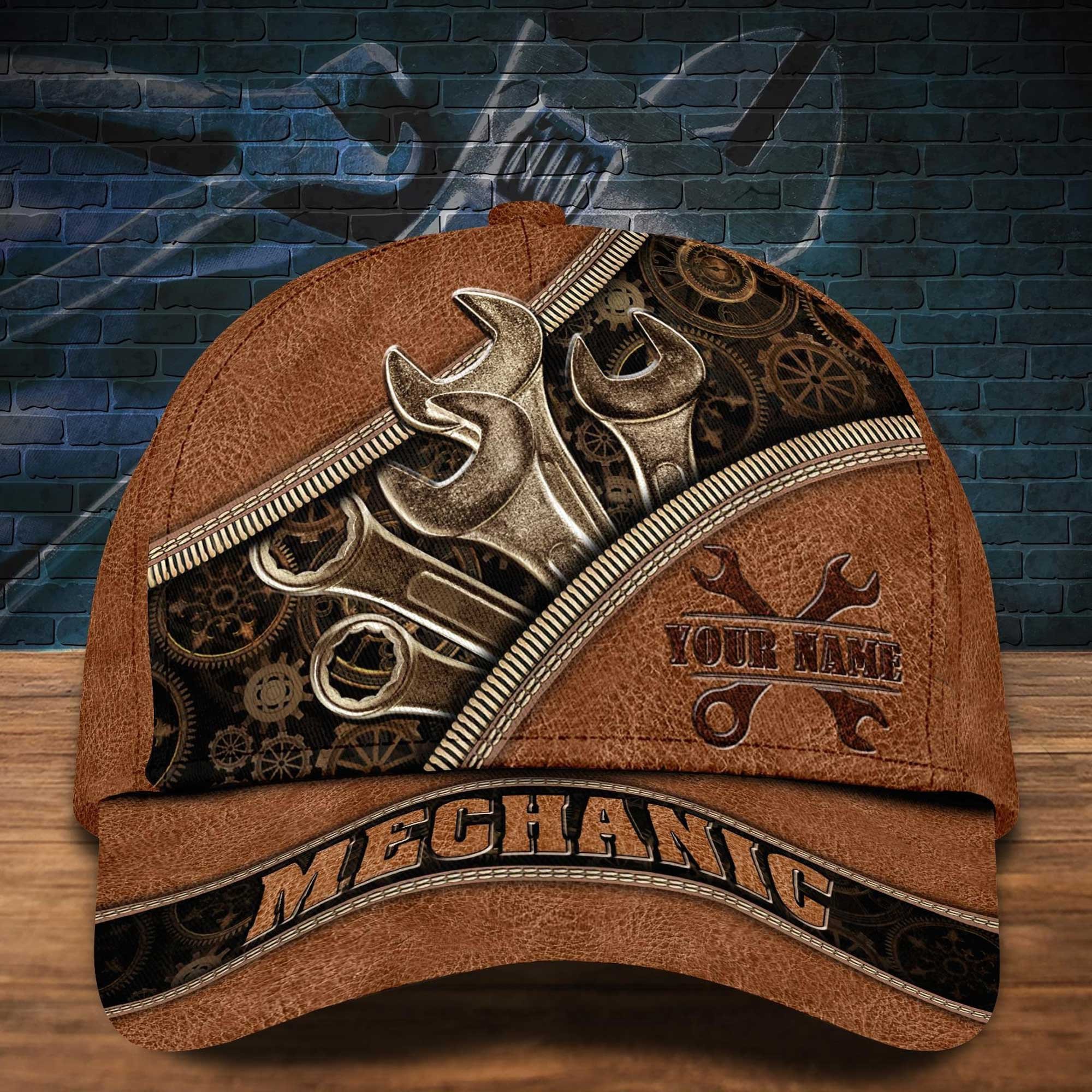 Personalized Wrench Mechanic Hats for Me, Husband, Leather Pattern Mechanic Vintage Cap for Dad Trucker Hats Custom Hats Gifts For Men & Women