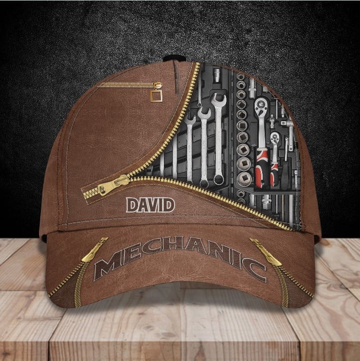 Personalized Wrench Mechanic Hats for Me, Husband, Leather Pattern Mechanic Vintage Cap for Dad Trucker Hats Custom Hats Gifts For Men & Women