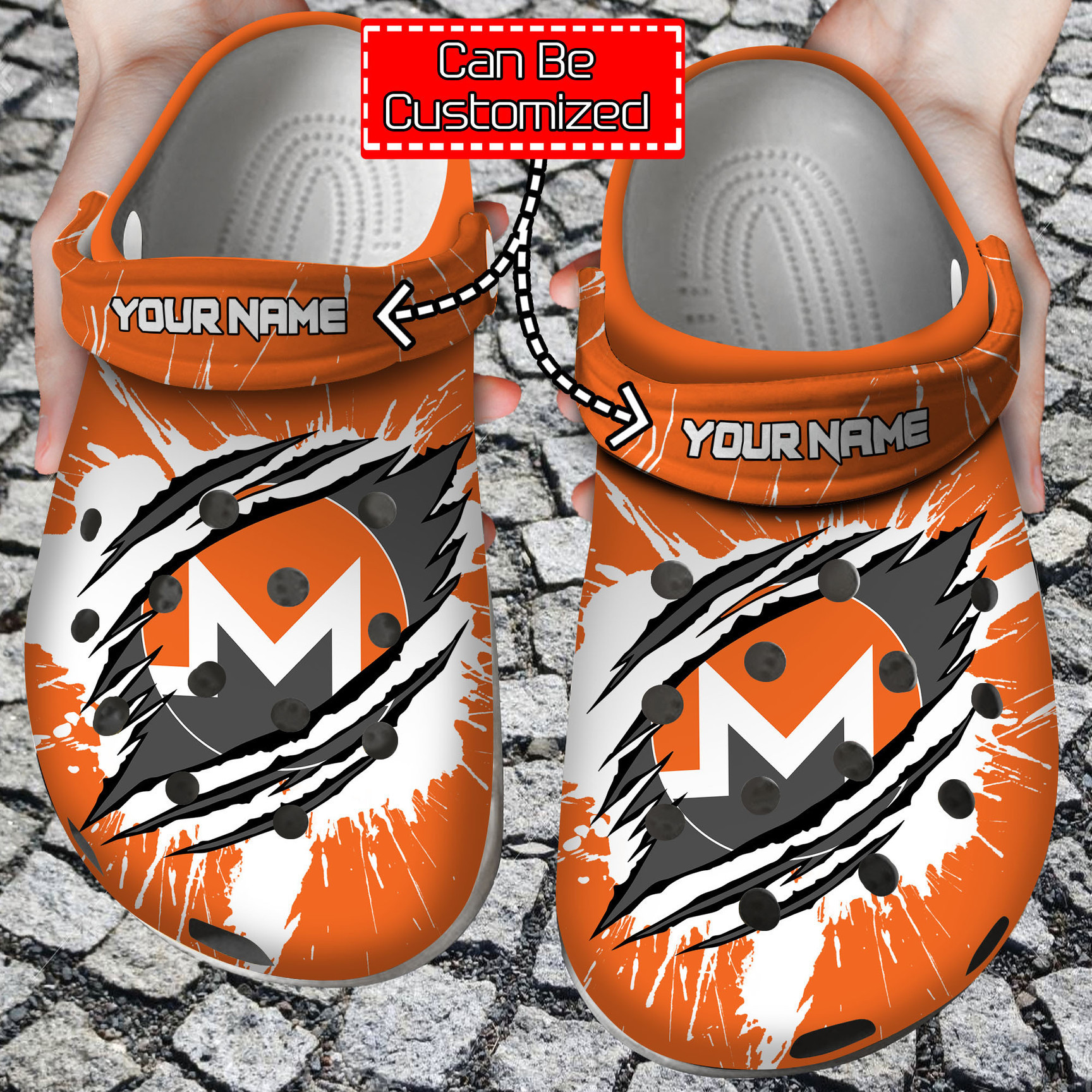 Personalized XMR Coin Ripped Through clog Shoes Crypto