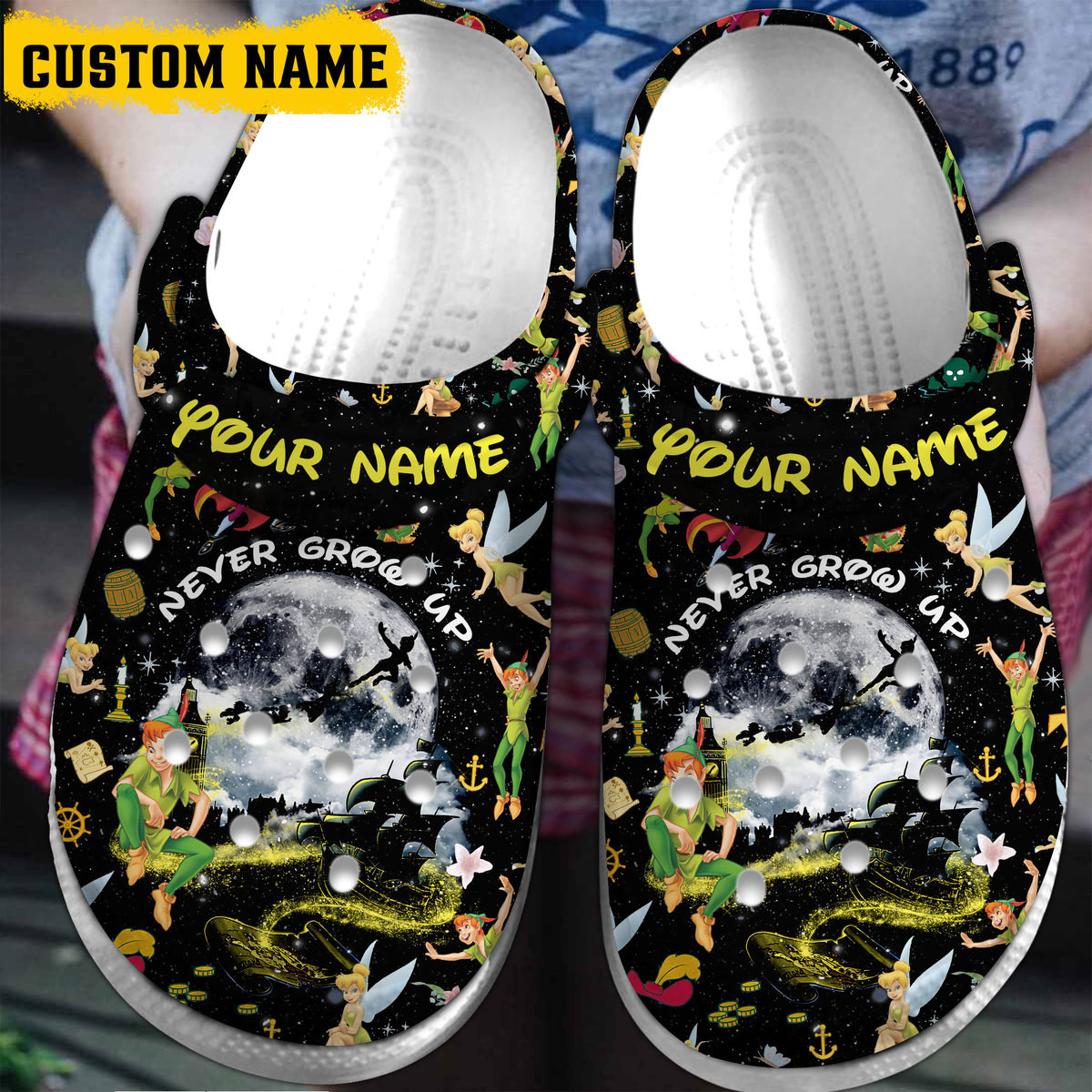Peter Pan And Tinker Bell Cartoon Crocs Crocband Clogs Shoes Comfortable For Men Women and Kids