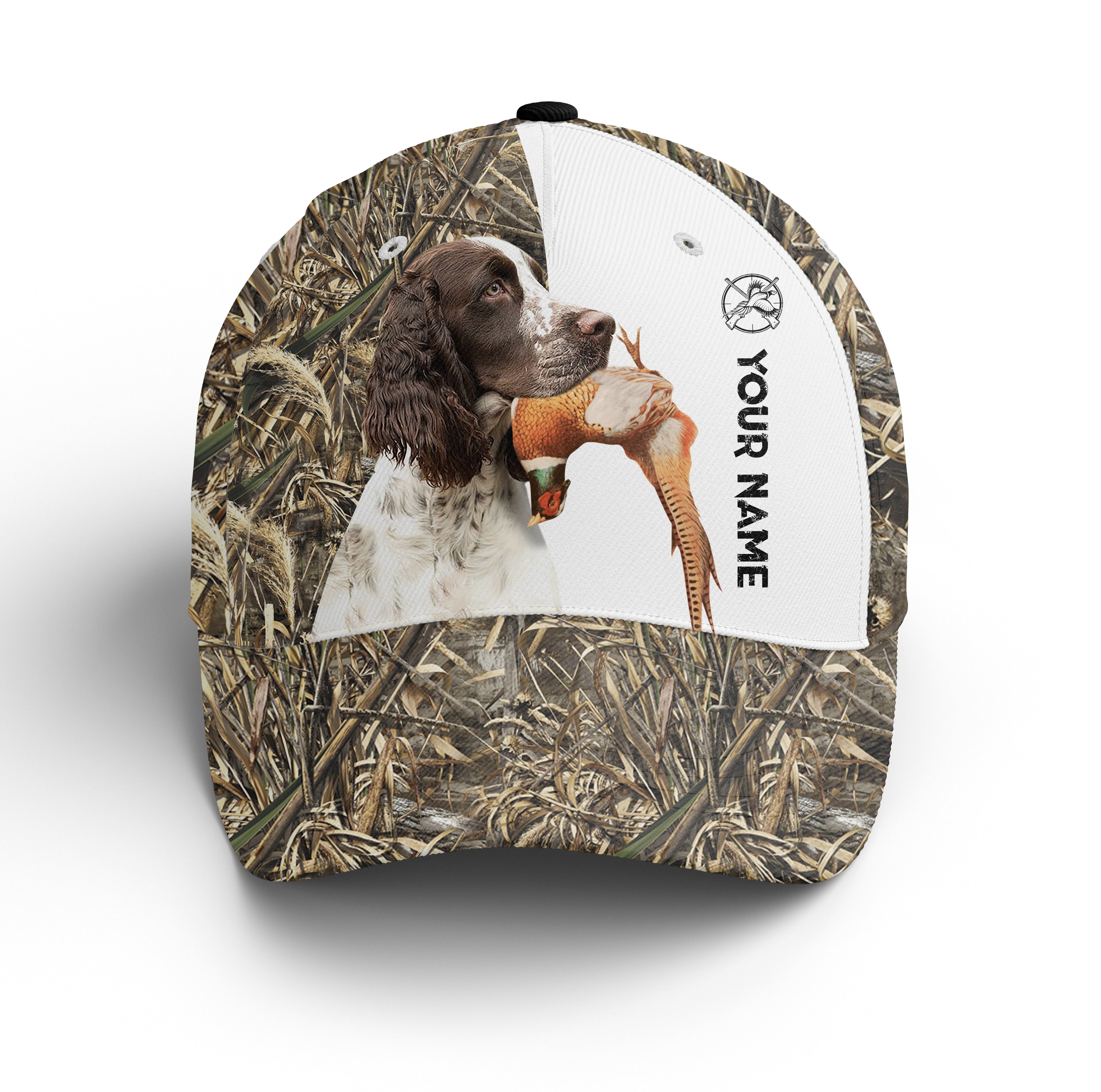 Pheasant Hunting With English Springer Spaniel 3D Camo Custom Name Hunting Hat Adjustable Mesh Unisex Hunting Baseball Hat, Fishing Classic Cap Trucker Hats Custom Hats Gifts For Men & Women