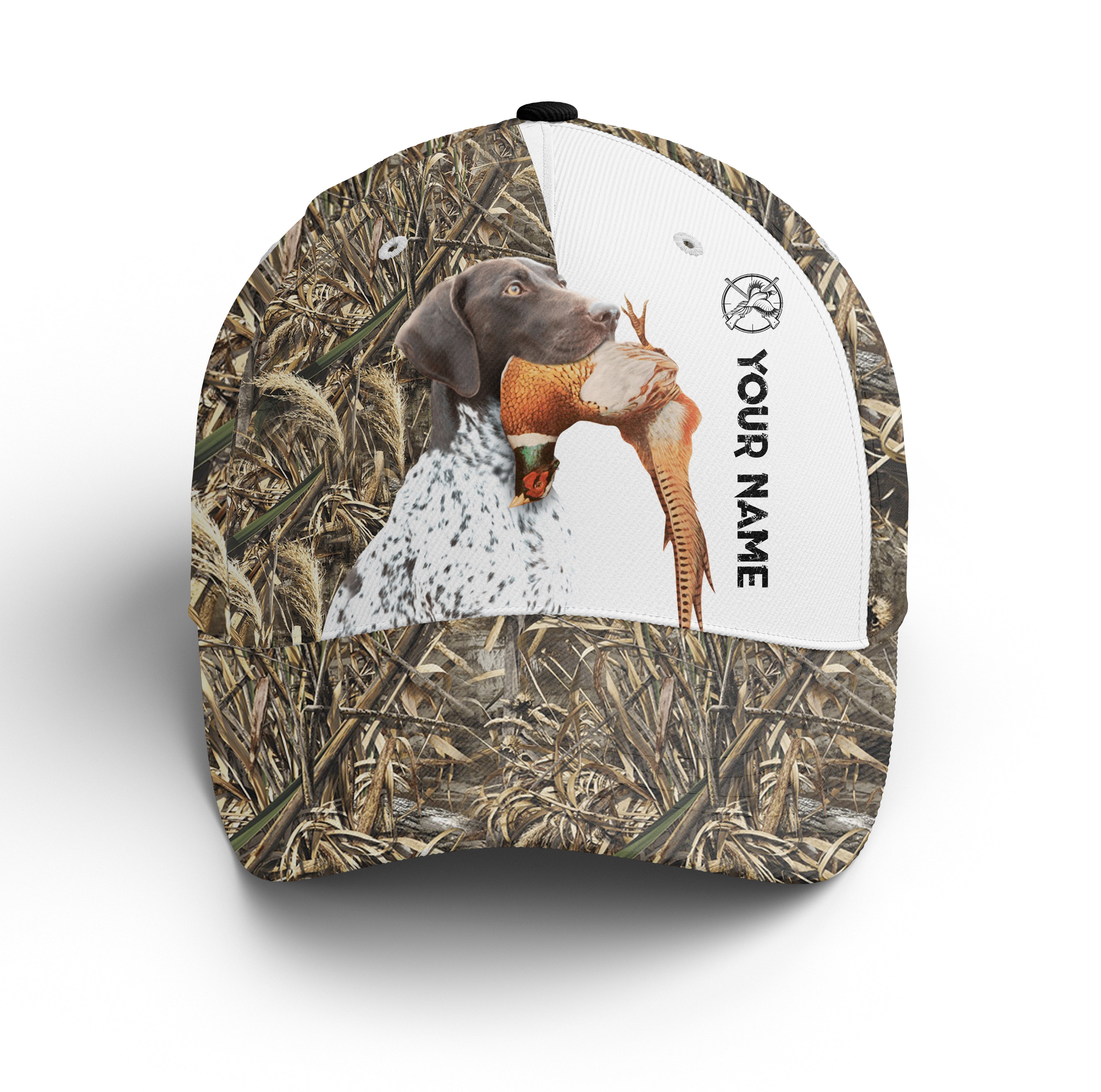 Pheasant Hunting With Gsp German Shorthaired Pointer 3D Camo Custom Name Hunting Hat Adjustable Mesh Unisex Hunting Baseball Hat, Fishing Classic Cap Trucker Hats Custom Hats Gifts For Men & Women