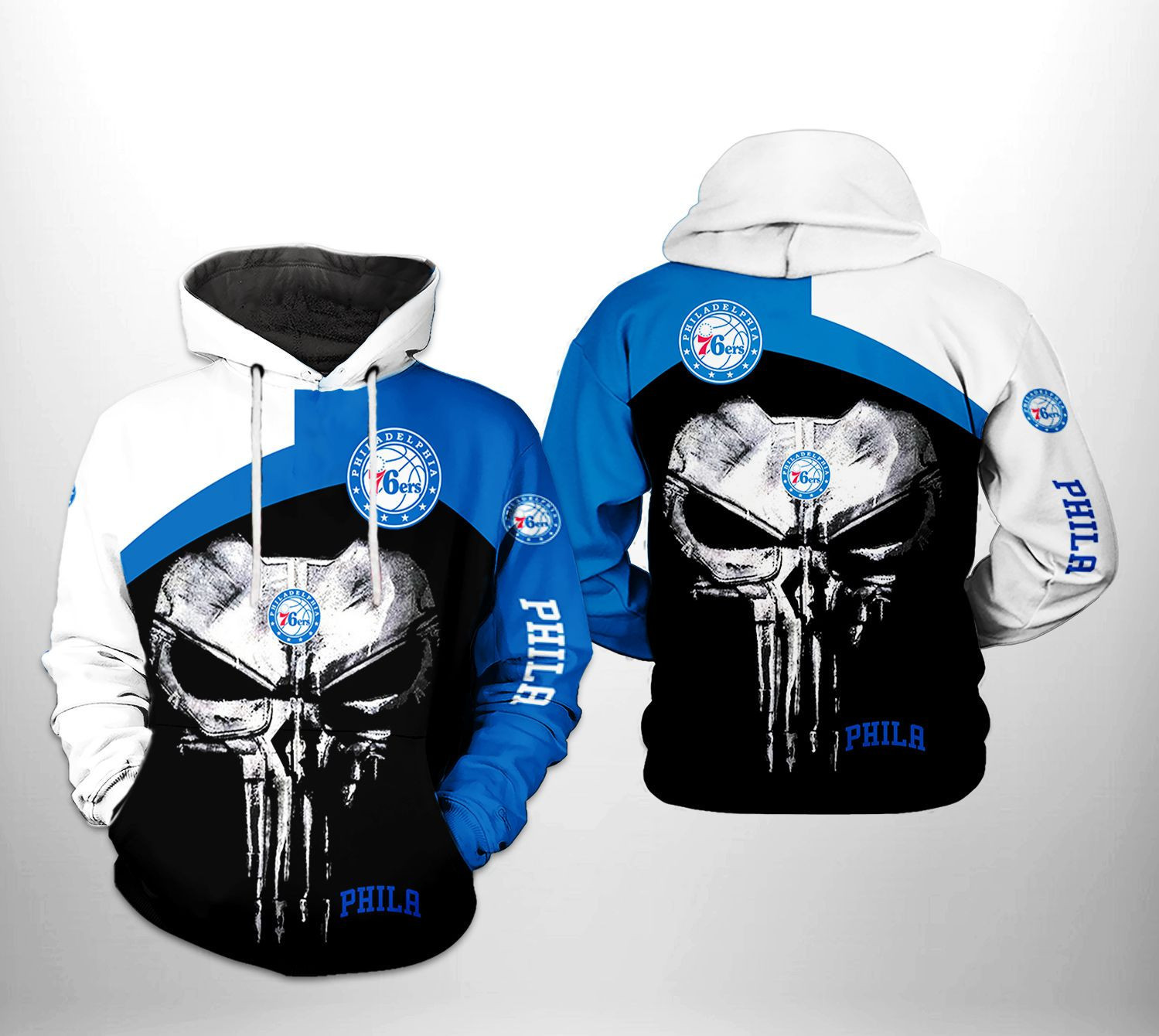 Philadelphia 76ers NBA Skull Punisher Team 3D All Over Print Hoodie, Zip Hoodie