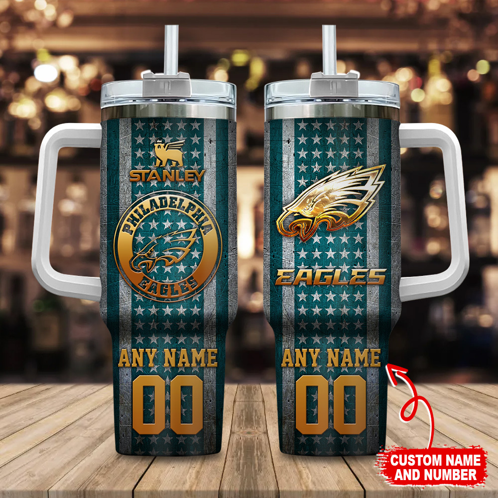 Philadelphia Eagles NFL Golden Logos US Flag Custom Stanley Cup 40 oz 30 oz Tumbler With HandleTVC230181