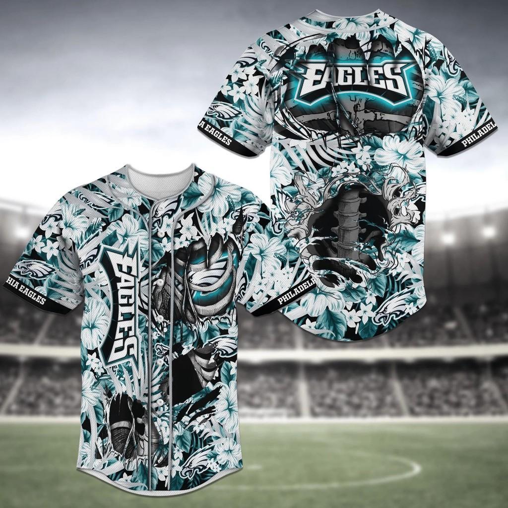 Philadelphia Eagles NLF Baseball Jersey Shirt With Flower Skeleton Design