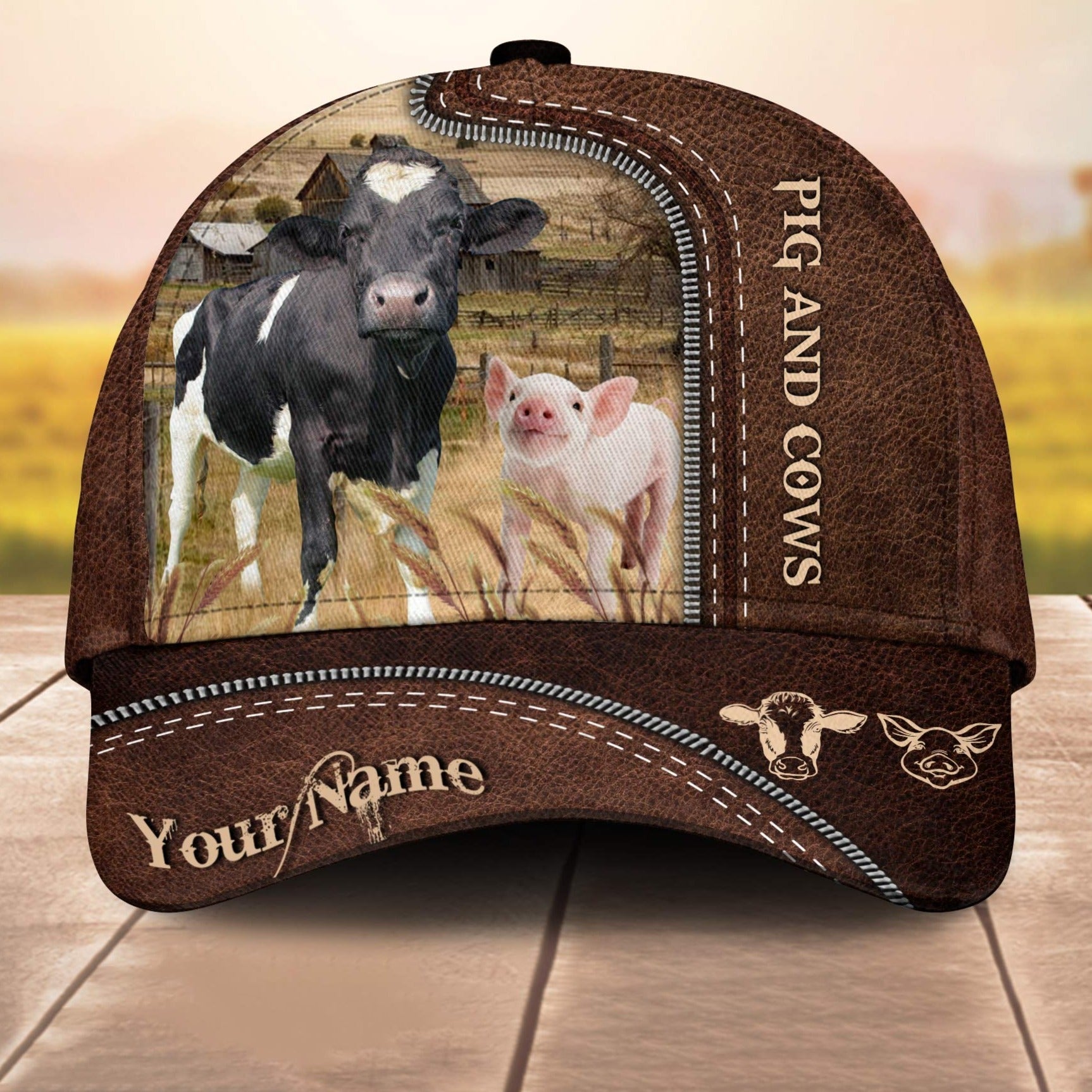 Pig And Cows Customized Name Leather Paern 3D Cap 3D All Over Print Baseball Cap, Cap For Farm Lovers, Animal Cap, Leather Pattern Cap Trucker Hats Custom Hats Gifts For Men & Women