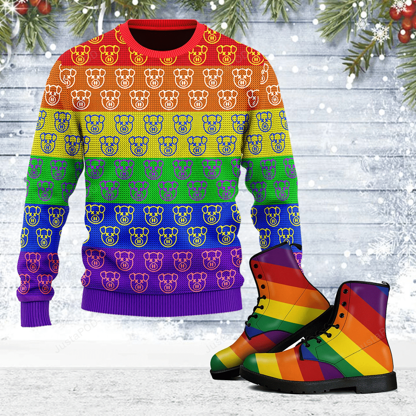 Pig Colorful Rainbow Jeffree Star For Unisex Ugly Christmas Sweater Adult 3D Funny Matching for family