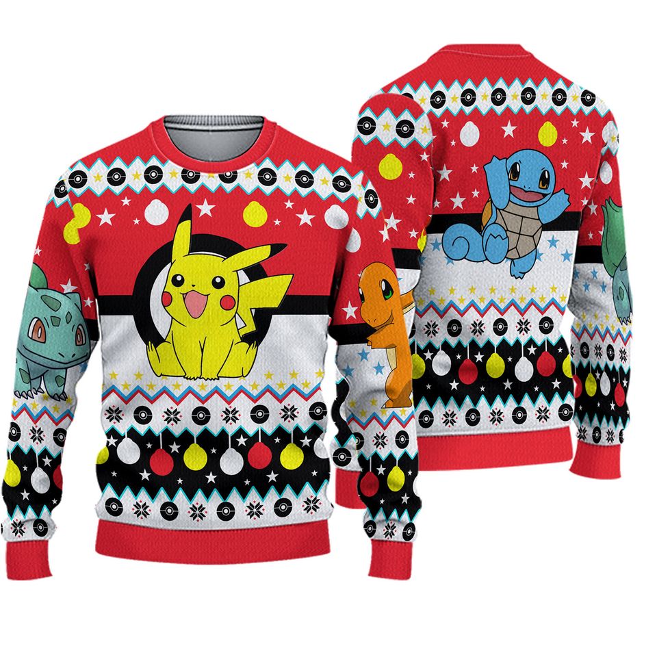 Pika Bulbasaur Charmander Squirtle PKM Christmas Ugly Sweater, Anime Ugly Sweater